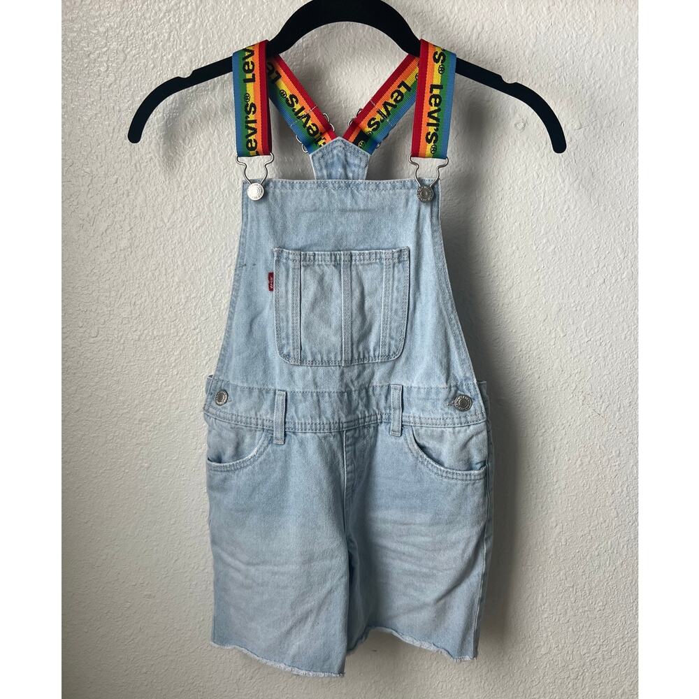 Levi's Kids‎ Denim Short Overalls Rainbow Logo Straps Light Wash Size 8